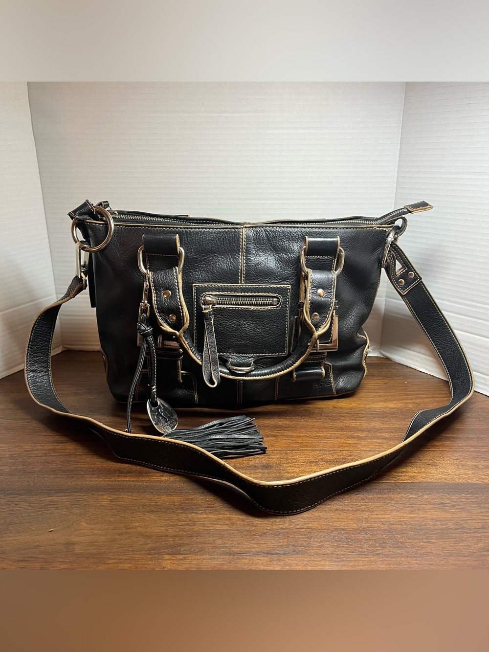 Valentina Fortuna Vintage Y2K black Leather Handbag Purse Shoulder Bag